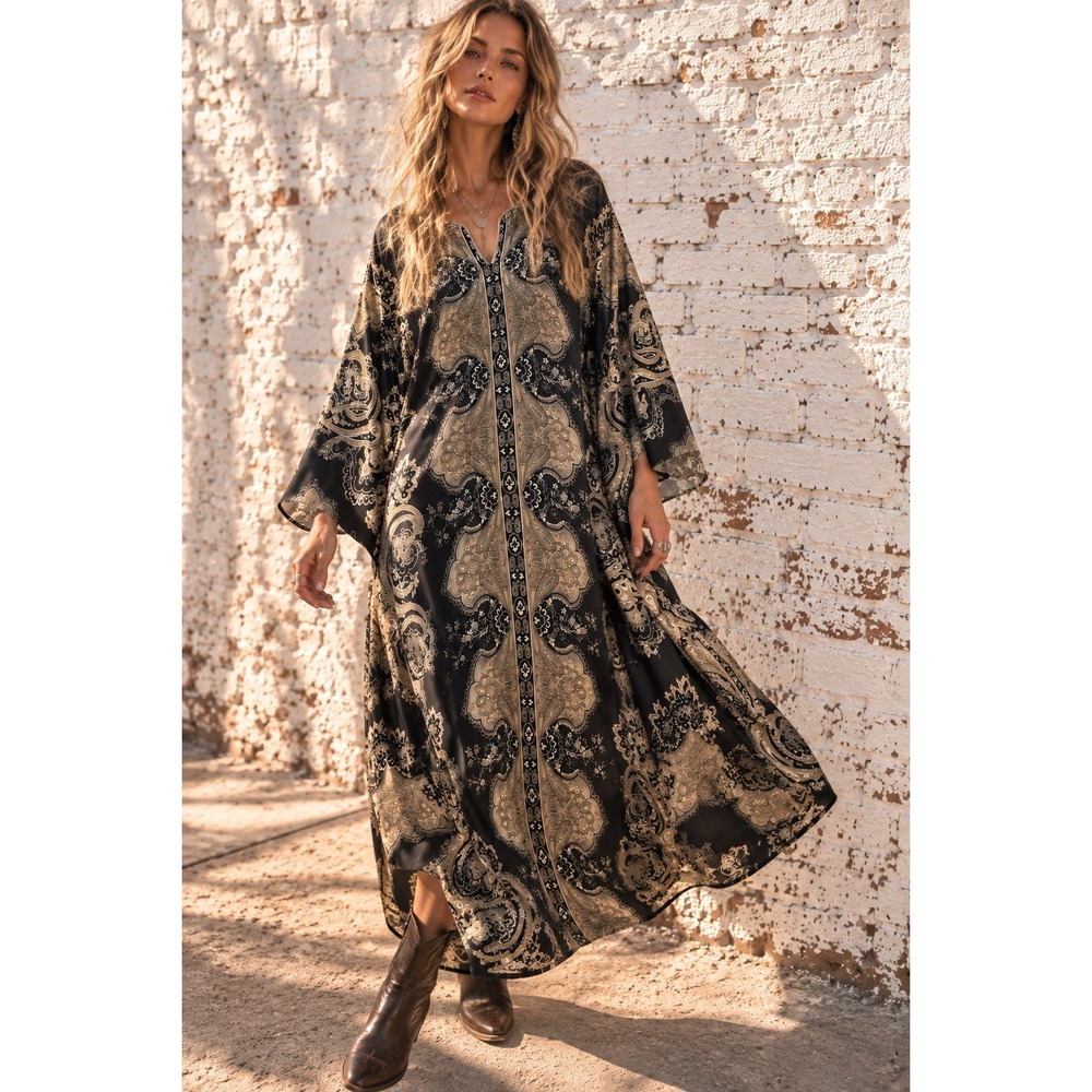 Vintage Ashro Black Gold Satin Paisley Caftan Maxi Dress Mobwife Boho S-L